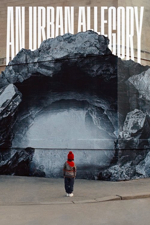 The poster features a solitary figure in a red hat and dark clothing standing against a backdrop of a large, dark cave-like structure. The muted tones of gray and black dominate the scene, creating a somber and mysterious atmosphere. The title "AN URBAN ALLEGORY" is prominently displayed in bold,...