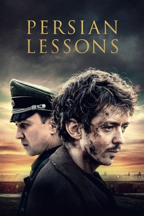 The poster features two men in a dramatic, sepia-toned sunset scene. One man wears a military cap, while the other has a rugged, weathered face. The muted colors and somber mood evoke themes of war, resilience, and the harsh realities of life.