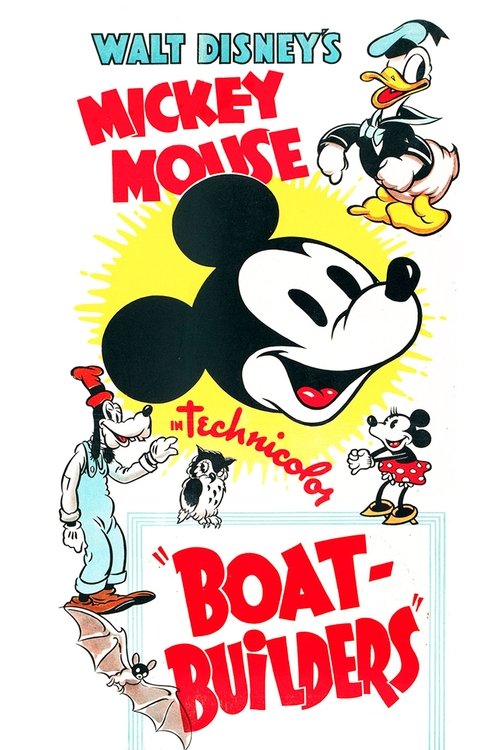 This vibrant Disney poster features Mickey Mouse and other beloved characters against a cheerful yellow background, evoking a playful and adventurous mood. The red "Boat Builders" title stands out prominently, while the colorful characters—Mickey, Donald, Goofy, and others—add to the lively and f...