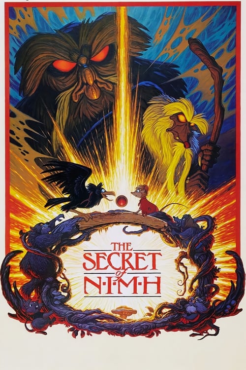 The poster depicts a dark, ominous scene with a menacing figure looming over a group of people, including a child and a woman. The fiery orange and yellow colors create a sense of danger and urgency. The title "The Secret of NIMH" is prominently displayed in bold letters at the bottom. The overal...