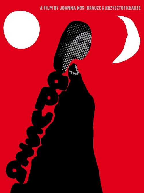 The poster features a striking silhouette of a woman in a black dress against a vivid red background, with a long, flowing black chain draped over her shoulder. A white crescent moon and a large white circle frame the image, creating a dramatic and mysterious atmosphere. The bold typography and h...