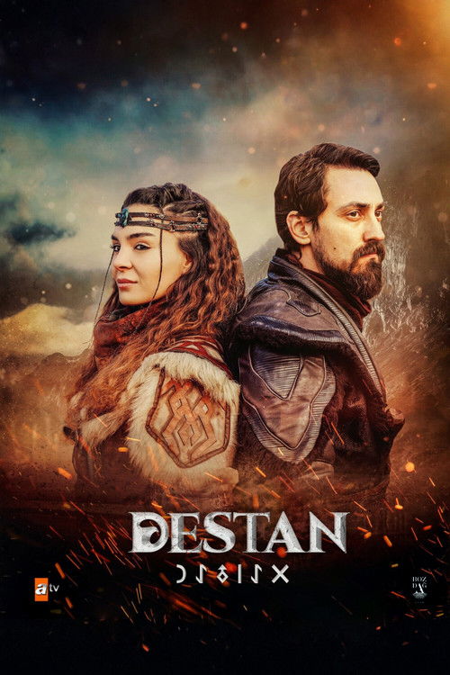 The poster features a dramatic scene with a warrior princess and a bearded man in a fiery, battle-ready atmosphere. The warm, golden hues evoke a sense of epic adventure and danger, while the dark background adds depth and mystery. The title "Destiny" is prominently displayed, hinting at a thrill...