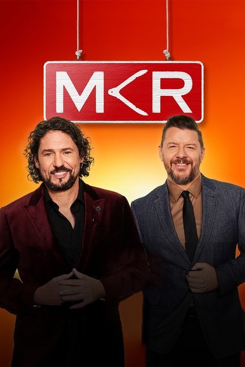Two hosts stand confidently against a vibrant orange backdrop, with the iconic "MCR" logo hanging above them. The warm tones and confident expressions convey a fun, energetic, and approachable mood, capturing the essence of the show's lively atmosphere.