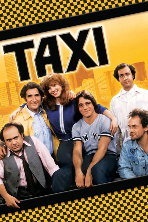 The poster features a group of six men in casual attire, exuding a relaxed yet professional vibe. The bold "TAXI" title dominates the top, set against a vibrant yellow background with a subtle cityscape silhouette. The overall composition conveys a sense of camaraderie and humor, suggesting a com...