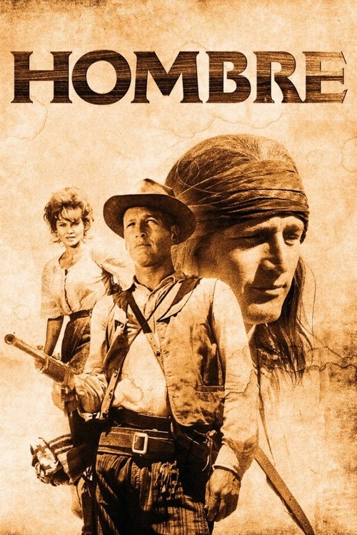 The poster features a sepia-toned image of three men in 19th-century attire, with one prominent figure in the foreground wearing a bandana and holding a rifle. The title "HOMBRE" is boldly displayed at the top in large, distressed typography. The mood is gritty and adventurous, evoking a sense of...
