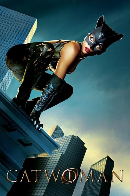 The poster features a dynamic Catwoman in a crouched pose, her sleek black costume gleaming against the backdrop of towering skyscrapers. The dramatic lighting and cool tones evoke a sense of mystery and urban danger. The title "Catwoman" is prominently displayed at the bottom, emphasizing the fi...