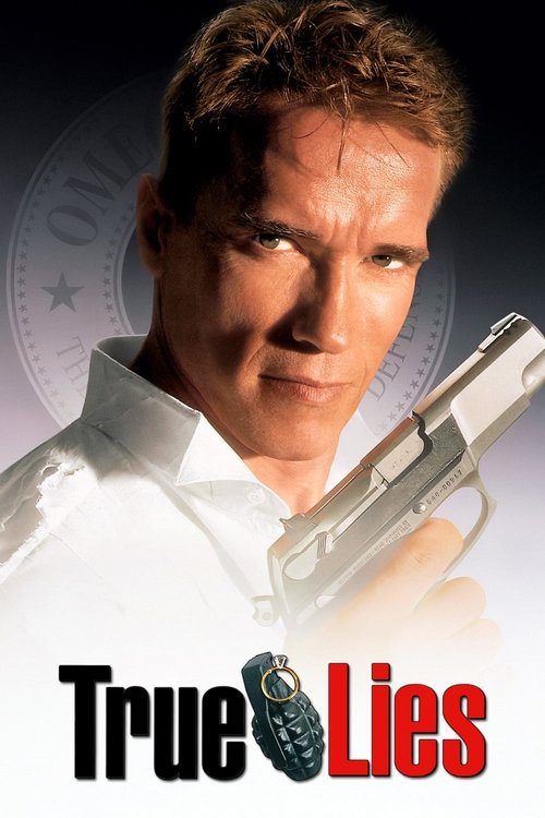 The poster features Arnold Schwarzenegger holding a gun, with the title "True Lies" prominently displayed in bold red and black text. The background is dark with a faint circular emblem, creating a suspenseful and dramatic atmosphere.