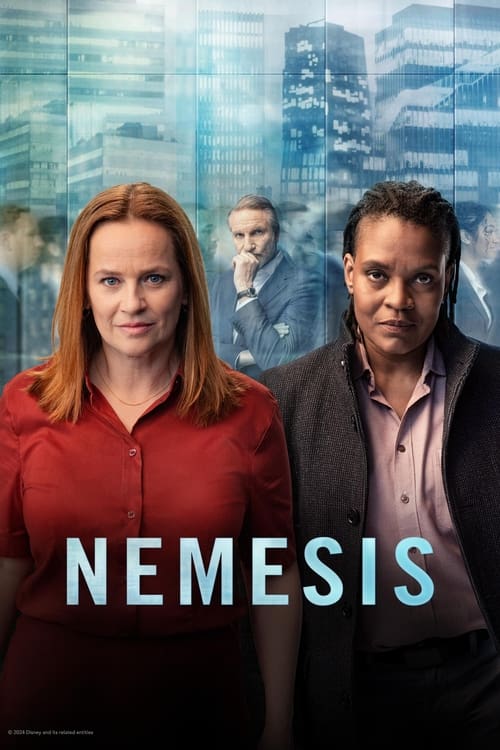 The poster features two women in the foreground, one in a red shirt and another in a dark suit, with a man in the background. The title "NEMESIS" is prominently displayed in bold, light blue letters. The overall mood is serious and dramatic, suggesting a thriller or drama.