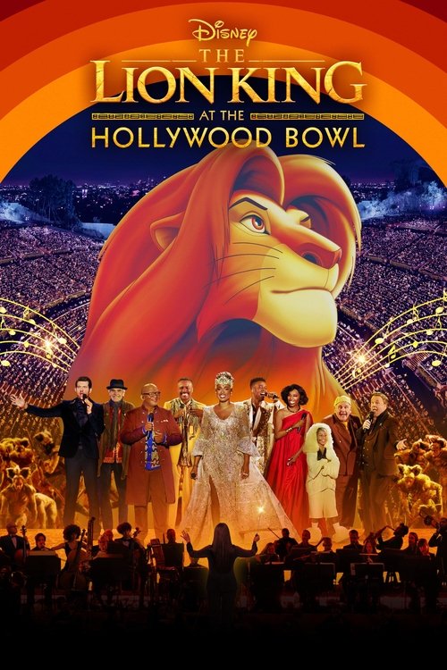 This vibrant poster captures the grandeur of "The Lion King at the Hollywood Bowl," featuring a majestic lion in a flowing red mane against a starry night sky. The ensemble cast stands proudly on stage, dressed in regal attire, while the audience watches intently. The warm hues of orange and gold...