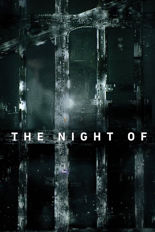 The poster features a dark, eerie scene with a silhouette of a person standing in front of a barred window, evoking suspense and mystery. The muted green and black tones create a somber mood, while the stark white text "THE NIGHT OF" adds a chilling undertone.