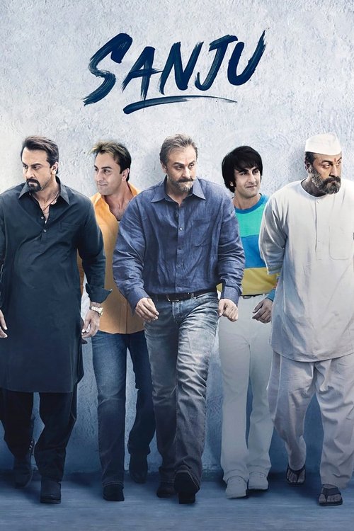 The poster features six men walking together against a muted blue background, with the title "SANJU" prominently displayed in bold, stylized letters. The composition conveys a sense of camaraderie and shared purpose, with warm tones in their clothing contrasting against the cool backdrop.