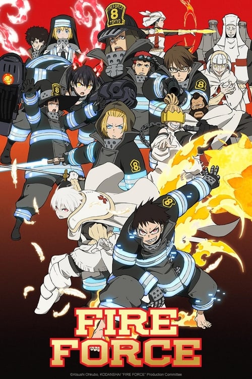 This vibrant poster showcases a dynamic ensemble of Fire Force characters in action poses against a fiery red background. The scene captures the intense energy and camaraderie of the group, with each character depicted in their signature outfits and expressions of determination. The bold, fiery c...
