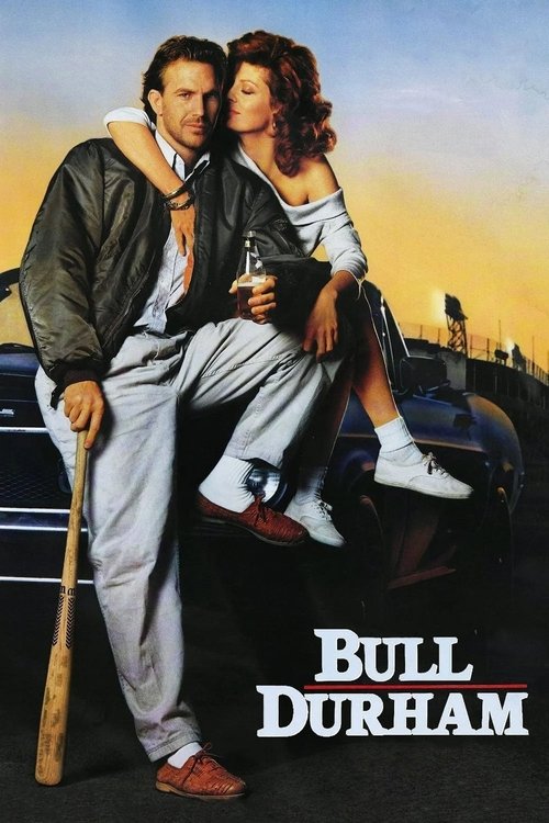 The poster features a rugged man in a leather jacket and a woman in a white dress, both exuding a tough, determined vibe. They stand confidently beside a classic car, with the title "Bull Durham" prominently displayed in bold, white letters against a warm sunset backdrop. The image captures a gri...