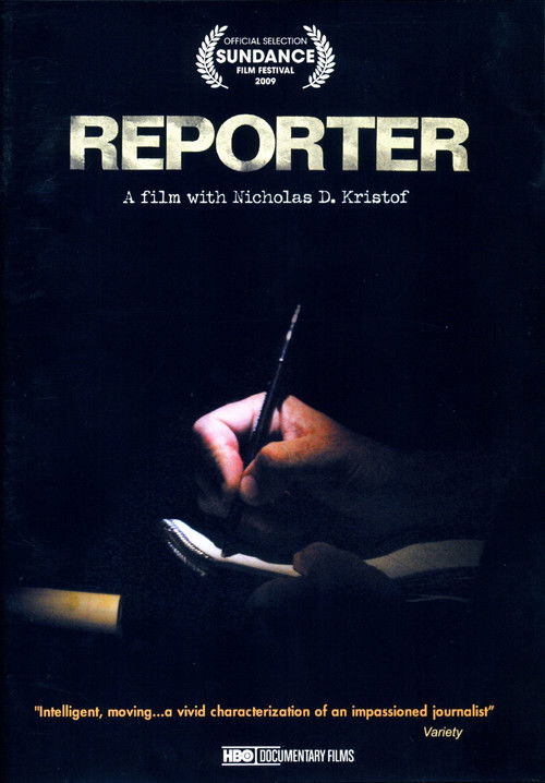 The poster features a dark, moody scene with a hand holding a pen, suggesting a serious or investigative tone. The muted colors and shadowy atmosphere evoke a sense of mystery and suspense, fitting for a thriller or drama. The title "REPORTER" is prominently displayed in bold, white letters, draw...