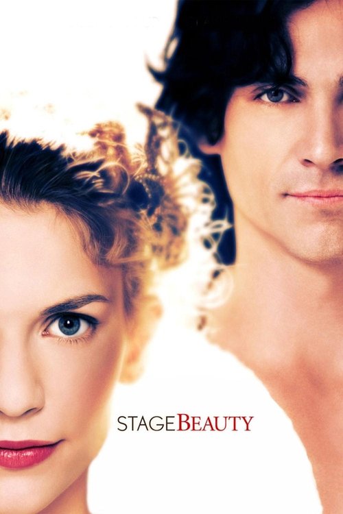 The poster features a close-up of two characters, a woman with curly blonde hair and a man with dark hair, both looking directly at the viewer. The warm, golden lighting enhances the romantic and dramatic atmosphere, while the bold red text "STAGE BEAUTY" adds a touch of boldness to the image.