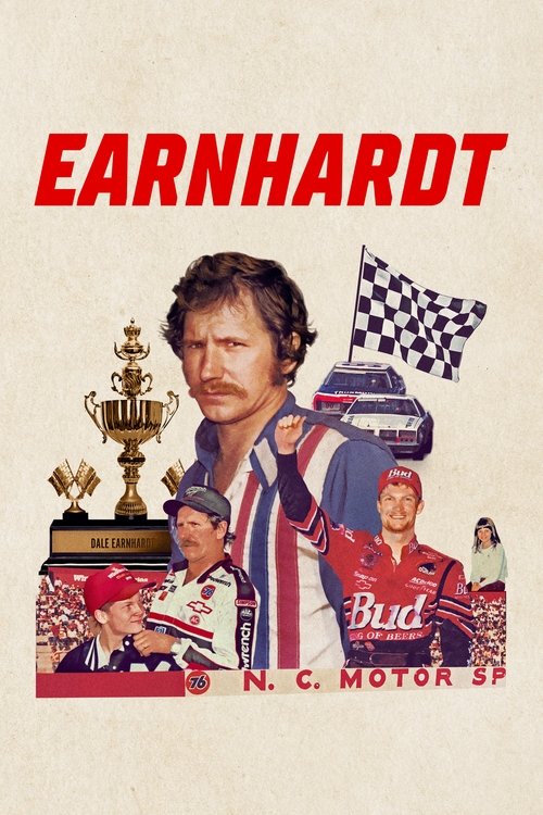 The poster features a man with a mustache, wearing a Bud Racing suit, holding a checkered flag. Below him, another man in a racing suit looks on with admiration. A trophy stands to the left, symbolizing victory. The background includes a Bud logo and the text "N.C. MOTOR SP." The overall mood is ...