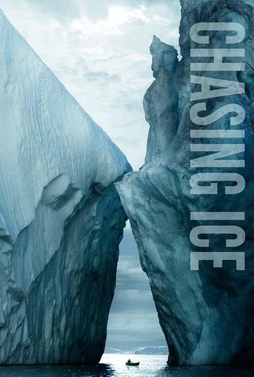 The poster features a lone figure standing atop a massive iceberg, with the title "Chasing Ice" prominently displayed in bold white letters. The icy blue tones evoke a sense of cold and mystery, while the solitary human presence adds a poignant narrative element.