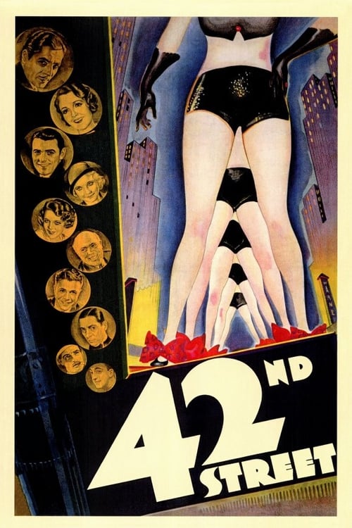 This vintage poster features a striking black-and-white image of a woman in a black dress, her legs extended upward against a cityscape backdrop. The poster's bold typography and dramatic composition evoke a noir aesthetic, with warm red accents adding contrast. The composition suggests a dramati...