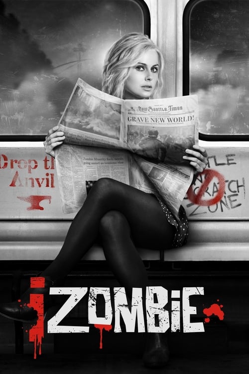 The poster features a woman holding a newspaper on a subway train, with zombie-like figures in the background. The image uses black and white tones, creating a spooky atmosphere. The title "iZombie" is prominently displayed at the bottom in red blood splatters.
