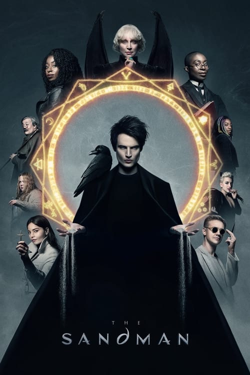 This poster depicts a dark, mysterious scene with a central figure in black robes holding a glowing golden pentagram, surrounded by six other characters in various poses. The color palette is dominated by deep blacks and dark grays, with the golden pentagram providing a striking contrast. The moo...
