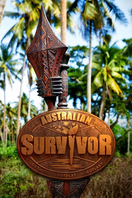 A rustic wooden sign with "Australian Survivor" prominently displayed, surrounded by lush greenery and palm trees, evoking a tropical, adventurous atmosphere.