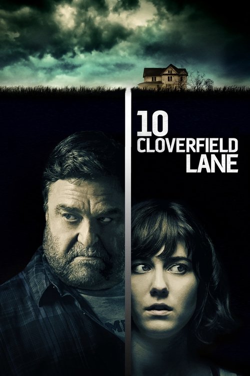 The poster features two characters in a somber, moody atmosphere. The dark, stormy sky above contrasts with the muted, shadowy tones of the characters' faces. The title "10 Cloverfield Lane" is prominently displayed in white text against the dark background, evoking a sense of mystery and suspense.