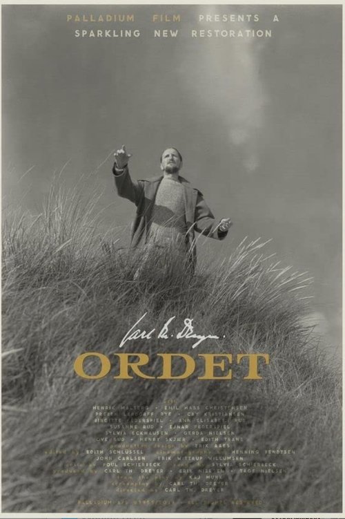 The poster features a lone figure standing in tall grass, holding a rifle, evoking a sense of isolation and determination. The muted sepia tones and shadowy background create a somber, atmospheric mood. The title "Ordet" is prominently displayed in bold, golden letters, suggesting a serious and p...