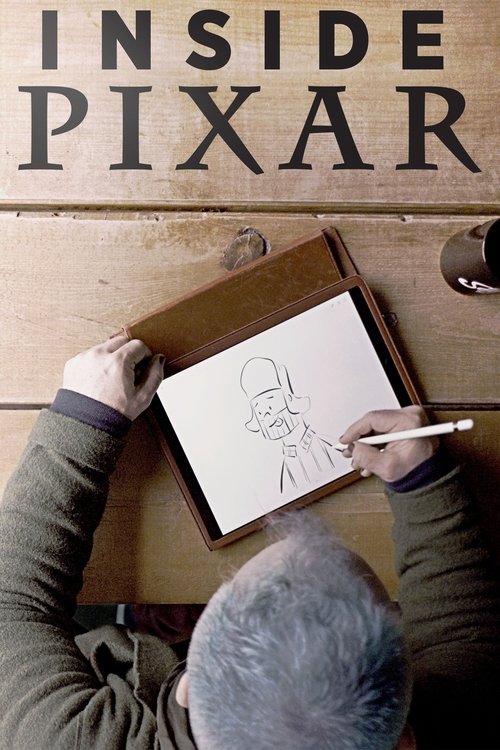 An elderly man with gray hair is sketching a character on a digital tablet, surrounded by warm wooden tones and soft lighting. The poster captures a cozy, creative atmosphere with the bold "INSIDE PIXAR" text at the top.