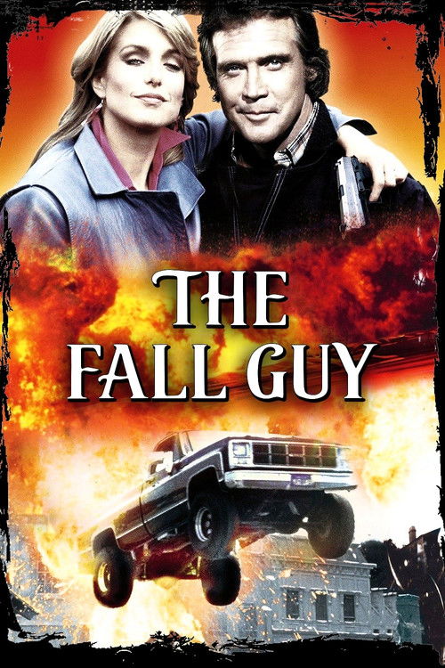 The poster features two characters against a fiery background, with a rugged truck mid-air, evoking action and danger. The intense colors and dramatic composition suggest a thrilling adventure.