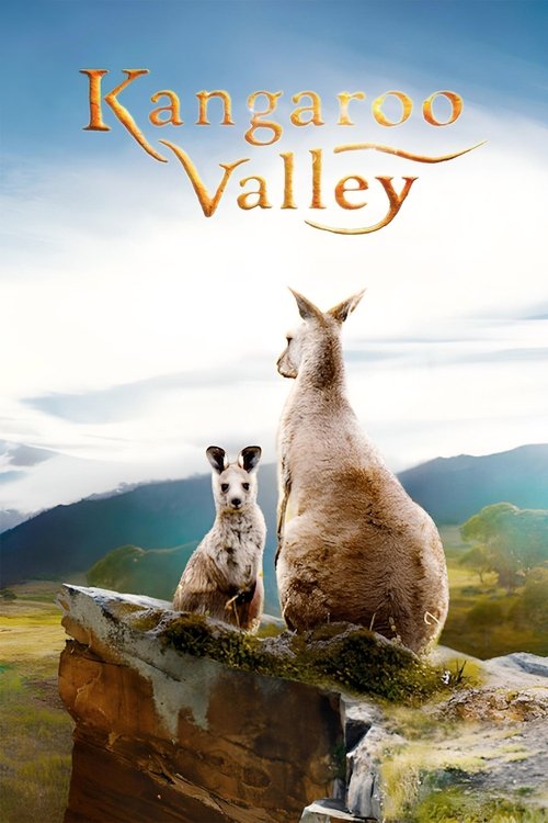 The poster features two kangaroos sitting on a rocky ledge against a backdrop of lush green mountains and a serene sky. The warm golden tones of the title contrast with the cool blues of the sky, creating a peaceful and adventurous mood.