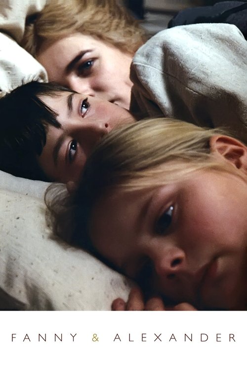 The poster features a close-up of three young children lying in bed, their faces illuminated by soft, natural light. The warm tones of their skin and the cozy bedding create a comforting, intimate atmosphere. The title "Fanny & Alexander" is elegantly displayed at the bottom, hinting at a story o...