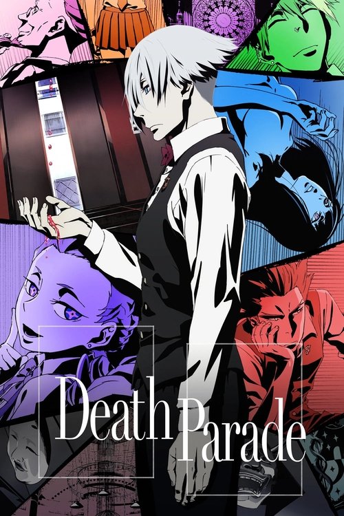This vibrant poster features a striking anime-style character with white hair, surrounded by colorful, expressive faces in various hues—pink, green, blue, purple, and red. The bold title "Death Parade" anchors the composition, evoking a dramatic and surreal atmosphere that hints at themes of conf...