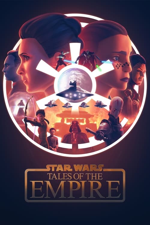 This poster features a dramatic, circular composition with characters from the Star Wars universe set against a glowing, starry backdrop. The warm orange and red hues evoke a sense of epic adventure and cosmic drama, while the central figures suggest a journey through space and history.