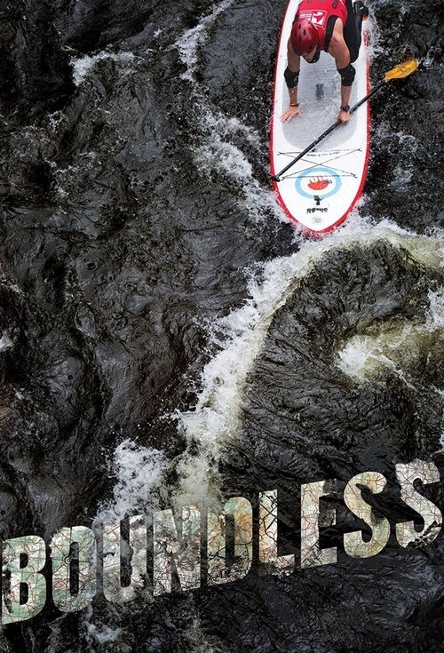 The poster features a surfer in a white shirt and red shorts paddling on a surfboard amidst turbulent, dark water. The word "BOUNDLESS" is prominently displayed in bold, distressed letters at the bottom. The image conveys an adventurous and energetic mood, capturing the essence of surfing.