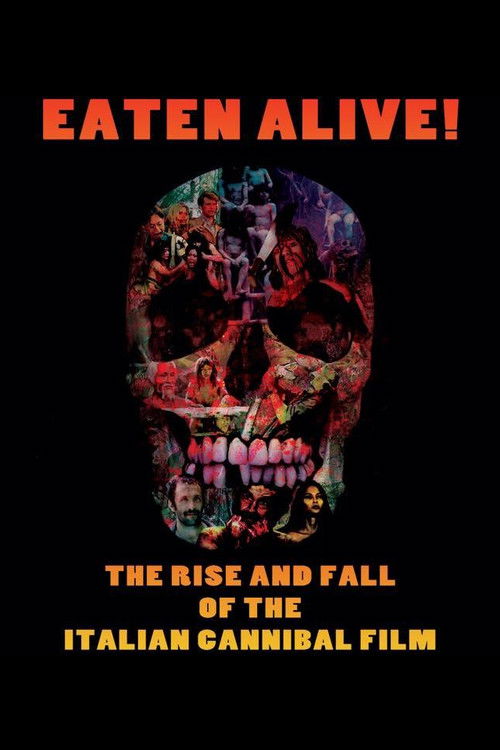The poster features a haunting skull filled with vibrant, chaotic imagery of people in various states of distress. The dark background amplifies the eerie and unsettling mood, while the bold red title and yellow subtitle create a stark contrast that draws attention to the film's title.