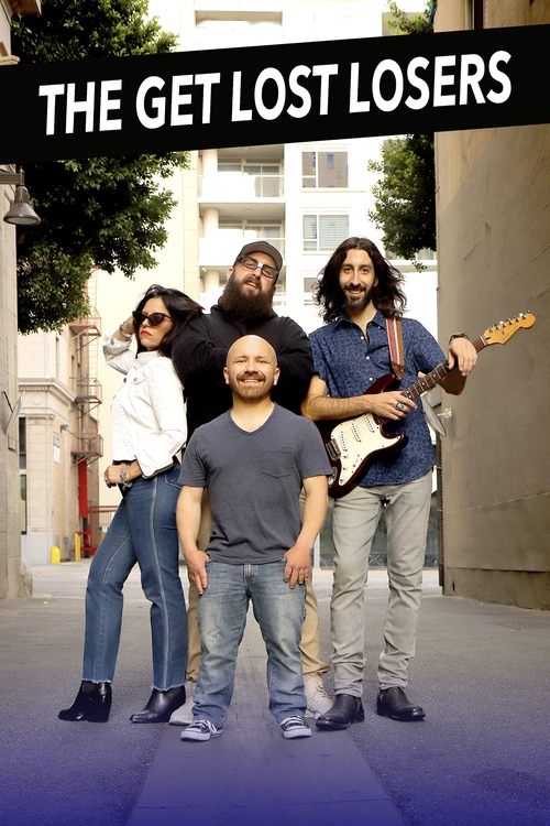 A vibrant street scene features five musicians in casual attire, exuding a laid-back vibe. The poster's bold black text contrasts with the colorful, sunlit backdrop, capturing the essence of their playful and fun-loving spirit.