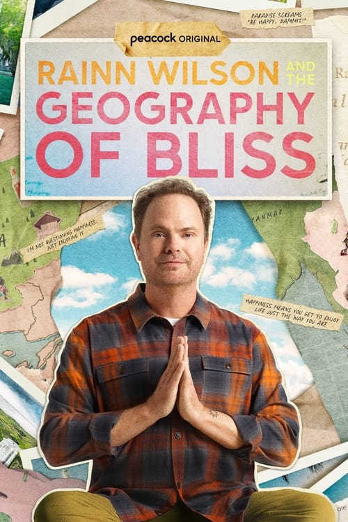Rainn Wilson, dressed in a plaid shirt, stands with hands clasped in prayer before a colorful map backdrop. The poster features warm tones of orange, red, and blue, evoking a serene and contemplative mood.