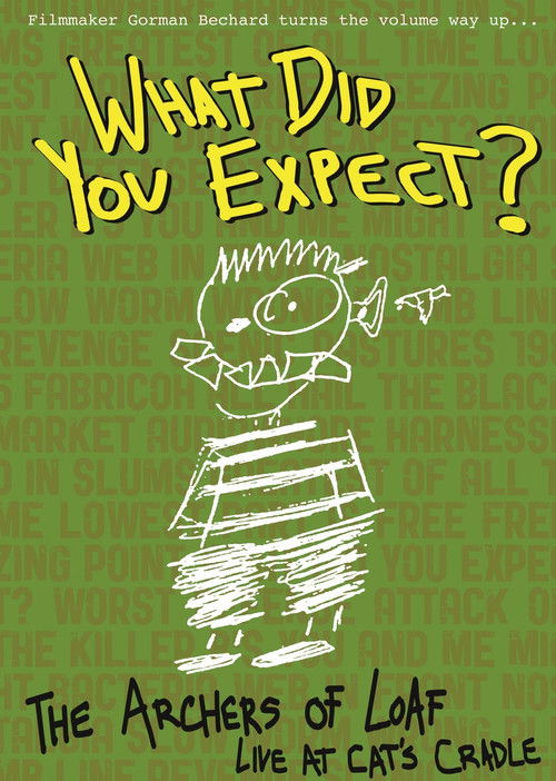 The poster features a whimsical, hand-drawn cat with a striped body and a fish tail, set against a green background. The title "What Did You Expect?" is written in bold, yellow letters at the top. The bottom text reads "The Archers of Loaf Live at Cat's Cradle," suggesting a playful, family-frien...