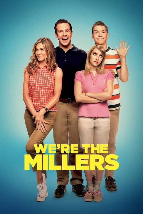 The poster features four young adults in casual, colorful clothing against a vibrant blue background. The central figure, a man in a dark shirt, stands confidently while the others gesture enthusiastically. The bold yellow text "WE'RE THE MILLERS" anchors the image, suggesting a fun, energetic to...