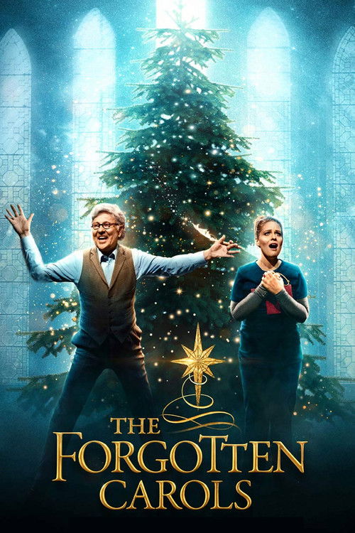 The poster features two joyful figures in festive attire against a backdrop of twinkling lights and a glowing Christmas tree, evoking a warm, magical atmosphere.