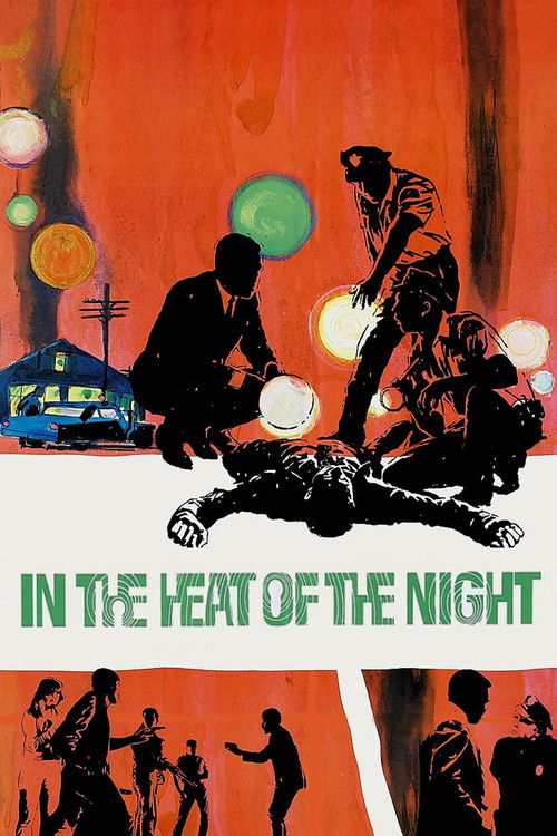 The poster features silhouettes of people in various poses against a vibrant orange backdrop, evoking a sense of urgency and danger. The title "In the Heat of the Night" is prominently displayed in bold green letters, emphasizing the film's intense and suspenseful atmosphere.