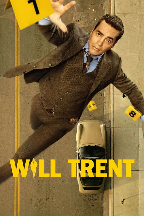 The poster features a man in a brown suit mid-leap against a concrete wall, with yellow numbers floating around him. The bold yellow text "WILL TRENT" anchors the image, evoking a dynamic, energetic mood that hints at action and humor.
