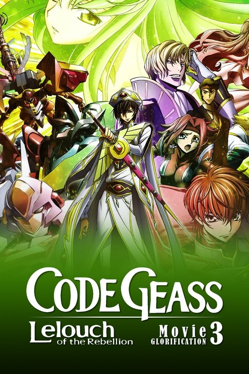 The poster showcases a vibrant scene with multiple characters in dynamic poses, set against a backdrop of lush green foliage and dramatic lighting. The central figure, Lelouch, stands out with his iconic white outfit and confident expression, surrounded by allies and adversaries. The overall comp...