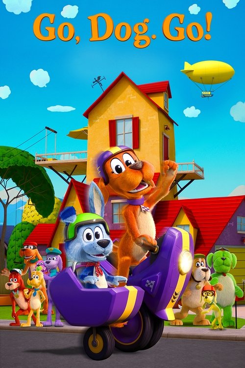 A cheerful cartoon poster featuring a dog in a purple wagon, surrounded by colorful characters and vibrant buildings under a bright blue sky. The playful mood and lively scene capture the essence of a fun, adventurous cartoon show.