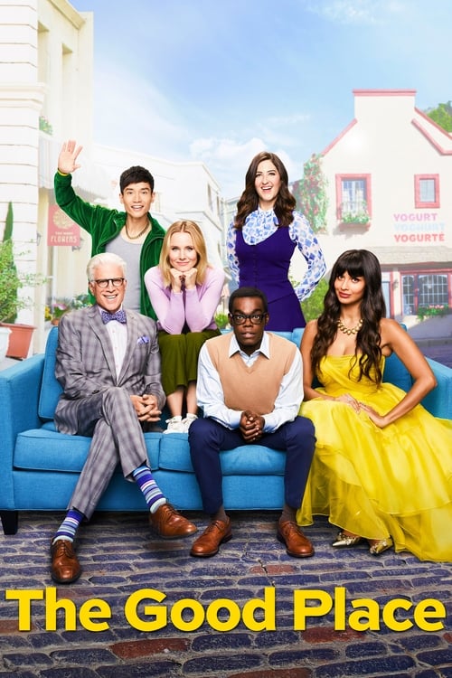The Good Place poster features a group of six characters sitting on a blue couch against a bright, sunny backdrop. The characters display a range of emotions, from playful to contemplative, with vibrant colors like yellow, purple, and green. The mood is cheerful and inviting, suggesting a warm an...