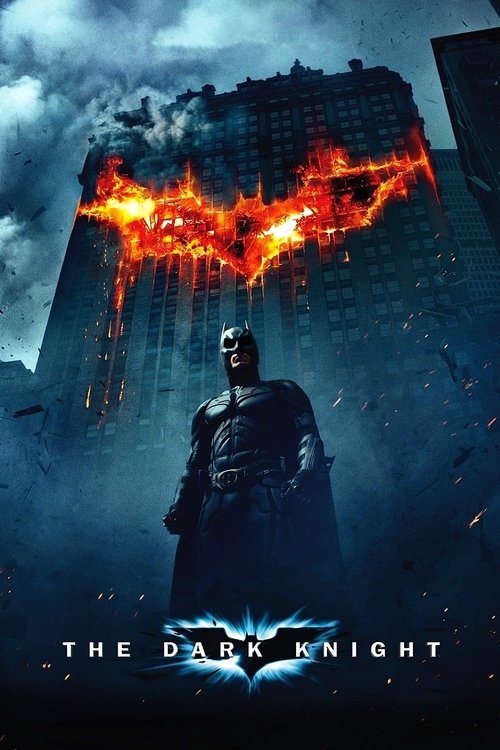 The poster features Batman standing in a dark, stormy cityscape with the iconic fiery bat symbol soaring above. The ominous blue and black tones create a suspenseful mood, while the glowing orange bat adds dramatic contrast. This visual composition evokes the gritty, action-packed atmosphere of t...