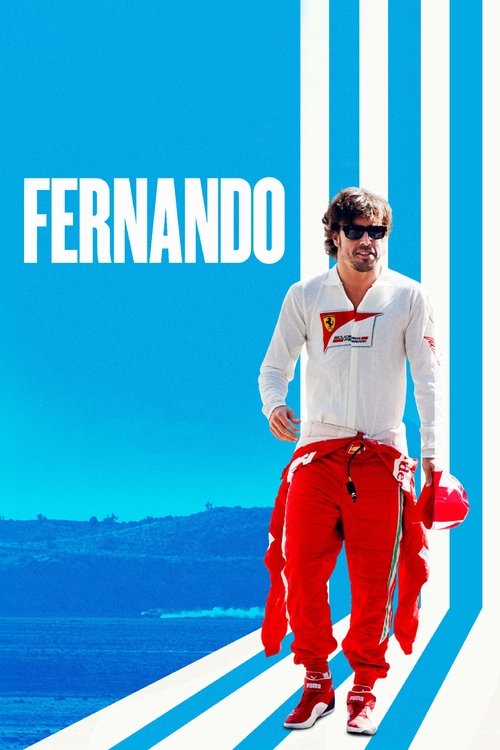 The poster features a man in a white shirt and red pants walking confidently against a bright blue background. The bold white text "FERNANDO" dominates the left side, while vertical white stripes frame the image. The overall mood is energetic and adventurous, capturing the essence of a vibrant, d...