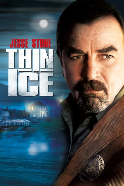 The poster features Jesse Stone's intense, weathered face against a moody, blue-toned backdrop. The title "Thin Ice" is prominently displayed in bold, metallic letters, evoking a sense of cold and danger. The overall mood is suspenseful and mysterious, suggesting a thriller with an icy undertone.