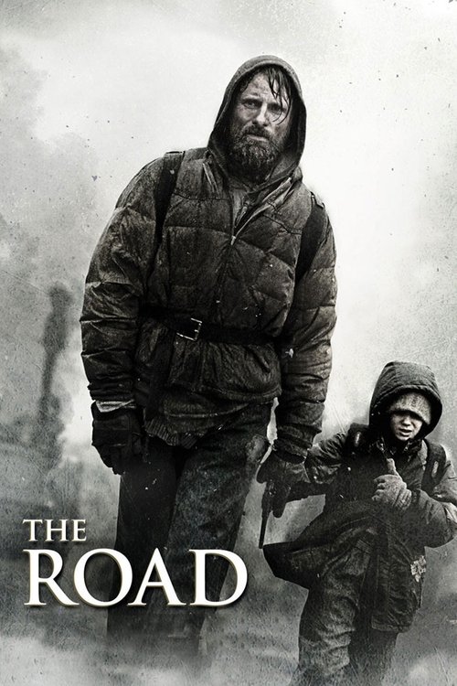 The poster features a gritty, sepia-toned image of two characters in heavy winter coats, evoking a sense of hardship and survival. The muted tones and shadowy figures convey a somber, melancholic mood, while the title "THE ROAD" in bold, distressed typography reinforces the film's themes of journ...