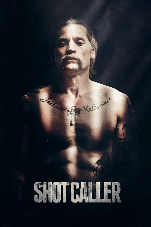 The poster features a shirtless man with a serious expression, his chest adorned with tattoos. The dark background contrasts with the bright lighting, creating a dramatic and intense atmosphere. The bold text "SHOT CALLER" at the bottom emphasizes the film's gritty and suspenseful tone.